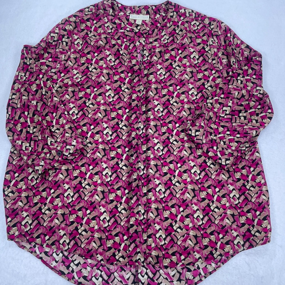 Womens XL Abstract Brushstroke Split Neck Blouse Pink Black Long Sleeve Top